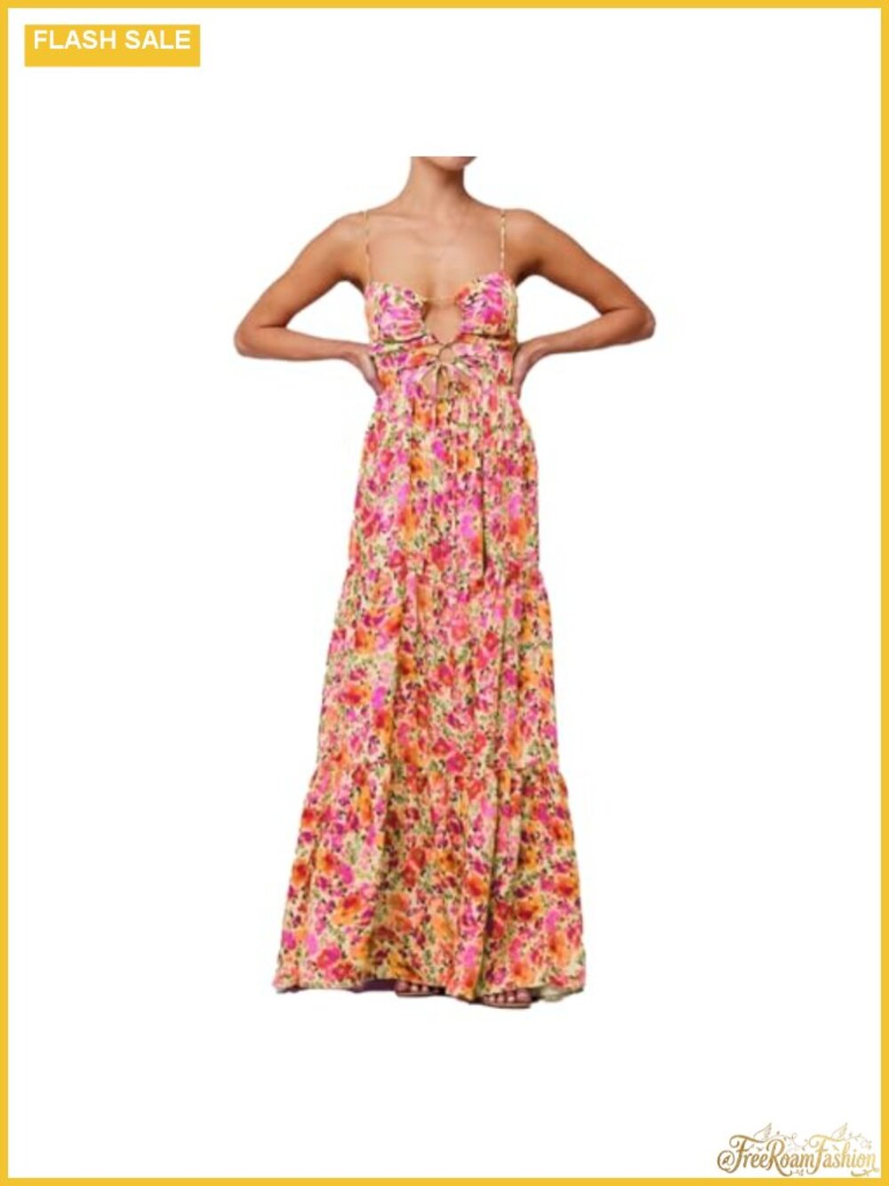 Maxi Dress Sleeveless Cutout Self-Tie Tie Front Boho Floral Fit Flare